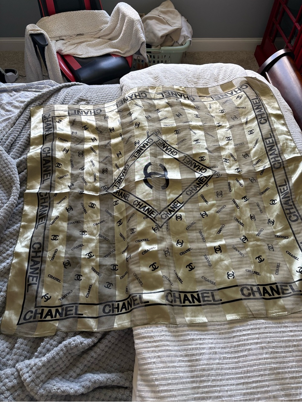 CHANEL Sheer Olive-Beige Logo Scarf with Black Print